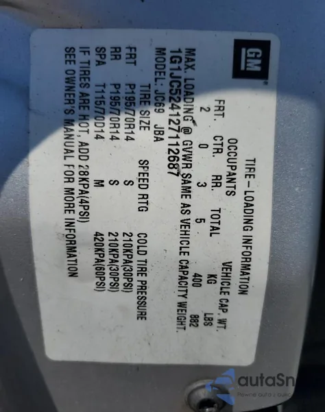 2002 Chevrolet Cavalier Base from USA, damaged, VIN 1G1JC524127112687